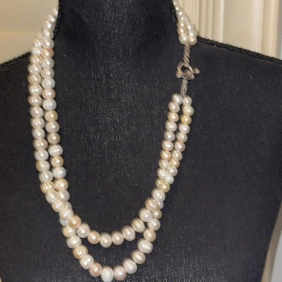 Vintage Freshwater Baroque Circle Pearl Necklace Double Strand Silver toggle 25” - Picture 5 of 15